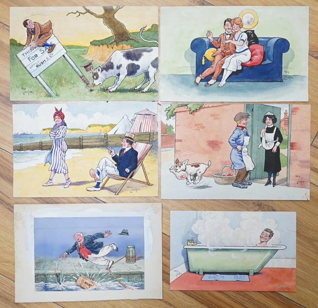 Reg Carter (1886-1949), set of six original watercolours for postcard designs, Humorous figures and scenes, each signed, largest 13 x 21cm, unframed. Condition - fair, some staining